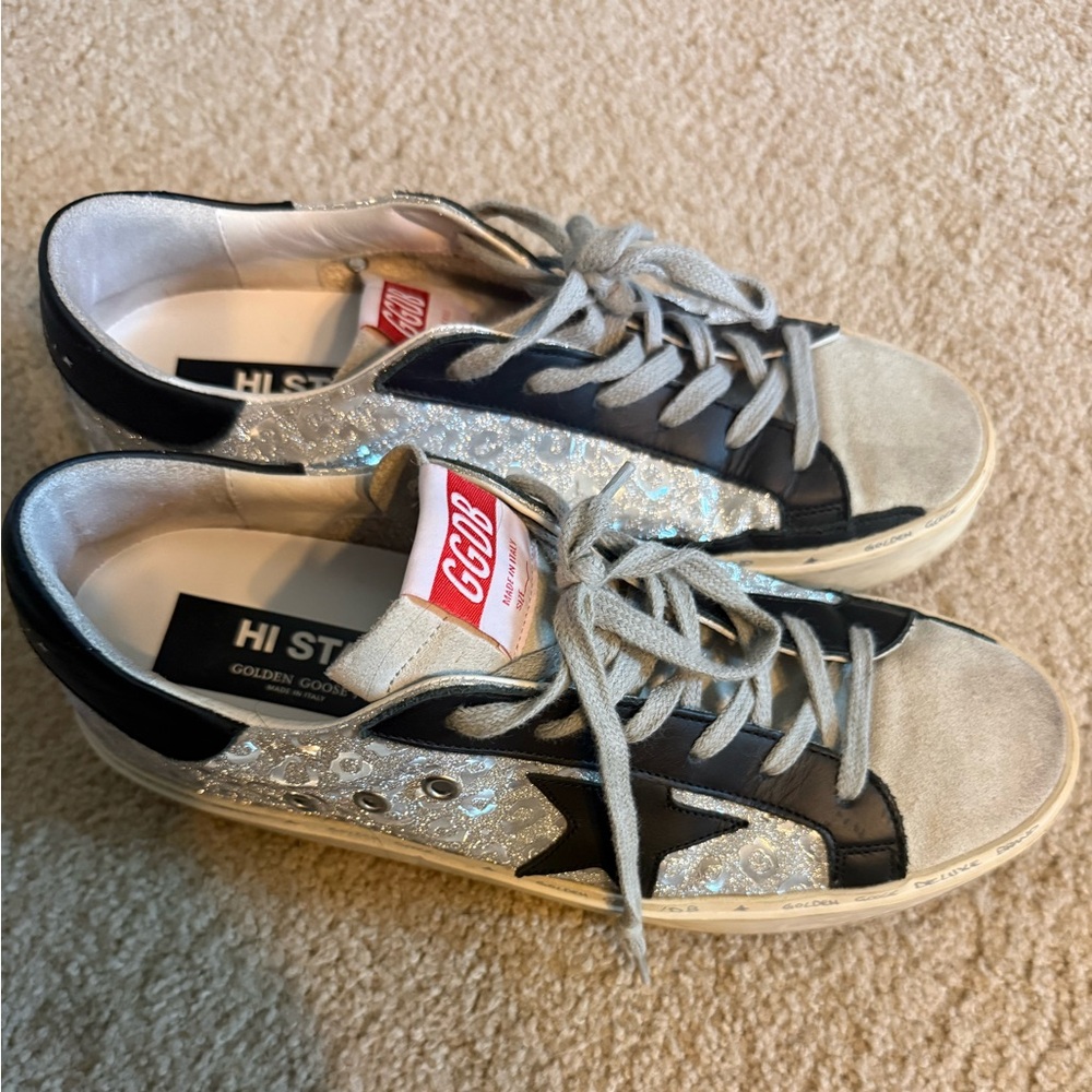 Golden Goose Silver Glitter Hi Star Sneakers with Black Star, size 41